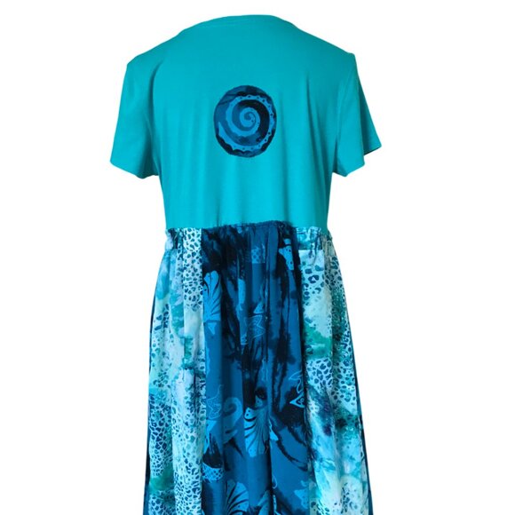 Boho Upcycled Patchwork Midi Dress, Size M: Teal Blue Ocean Print Beach Dress - Picture 9 of 15